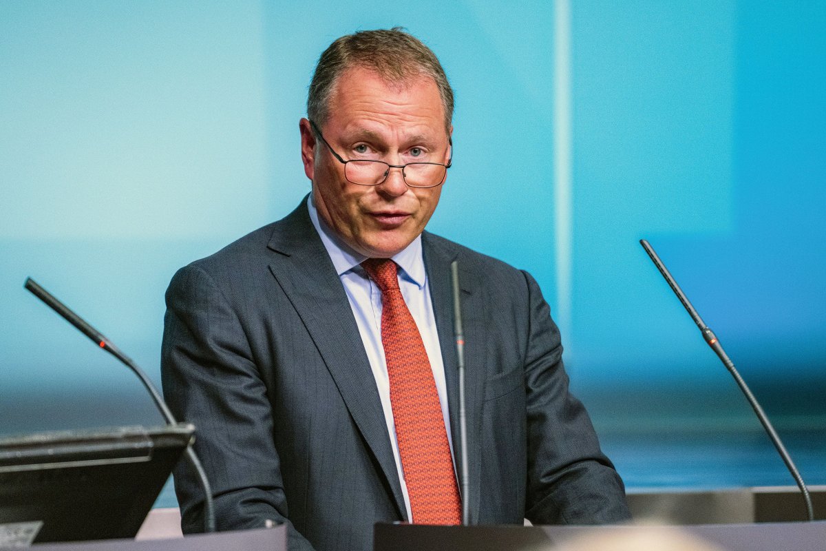 Nicolai Tangen attends a media conference on his employment agreement as new CEO for Norges Bank Investment Management, in Oslo, Norway, Thursday May 28, 2020.