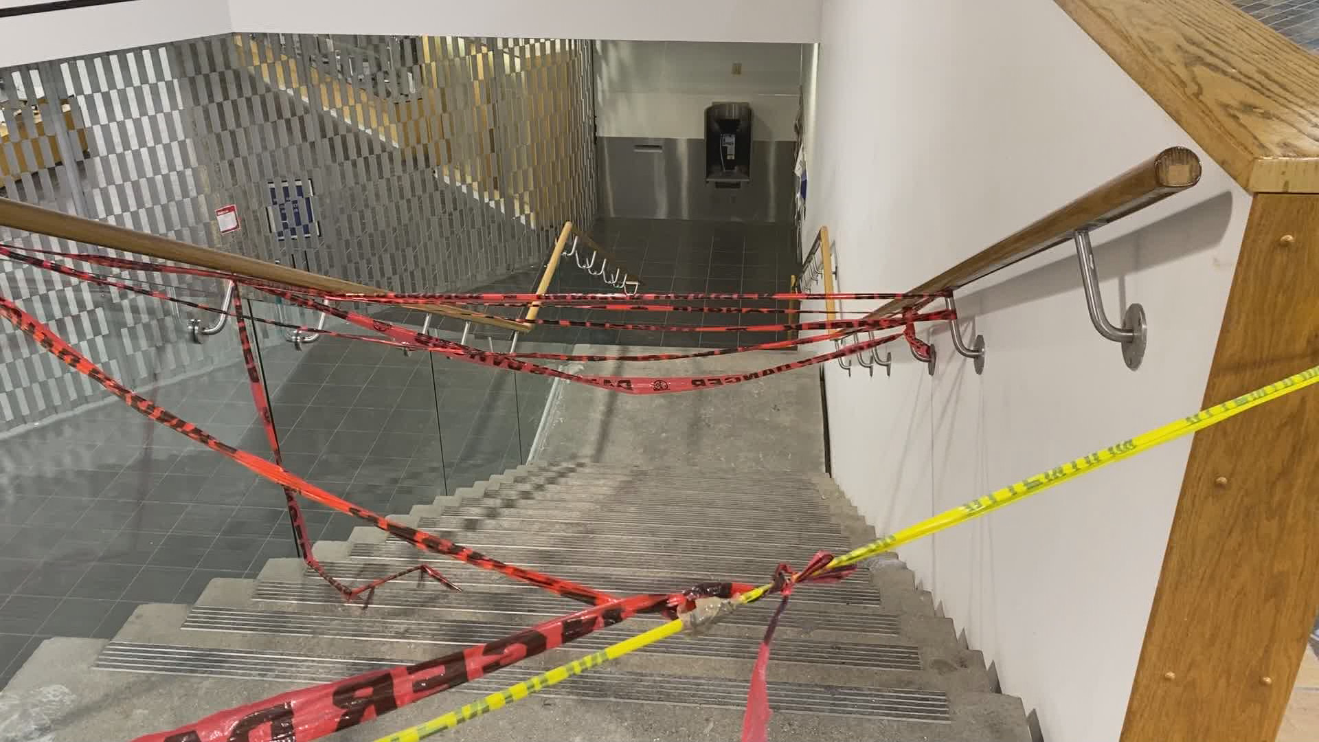 Police tape blocks off an entrance way to the Millennium Library following the stabbing attack in December 2022.