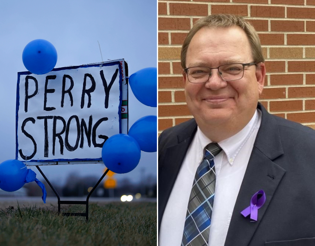 Split screen image of Principal Dan Marburger (R) who died after being seriously injured during a shooting at Perry High School in Iowa. A sign was erected along Highway 141 in Granger, Iowa showing support for the Perry community after the tragedy.