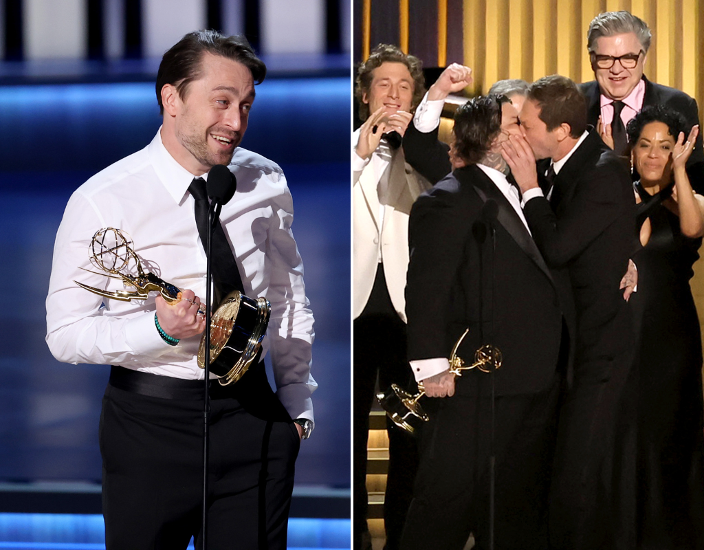 Kieran Culkin accepts the Outstanding Lead Actor in a Drama Series award for “Succession” (left) and Matty Matheson and Ebon Moss-Bachrach share a kiss while accepting the Outstanding Comedy Series Award for "The Bear."