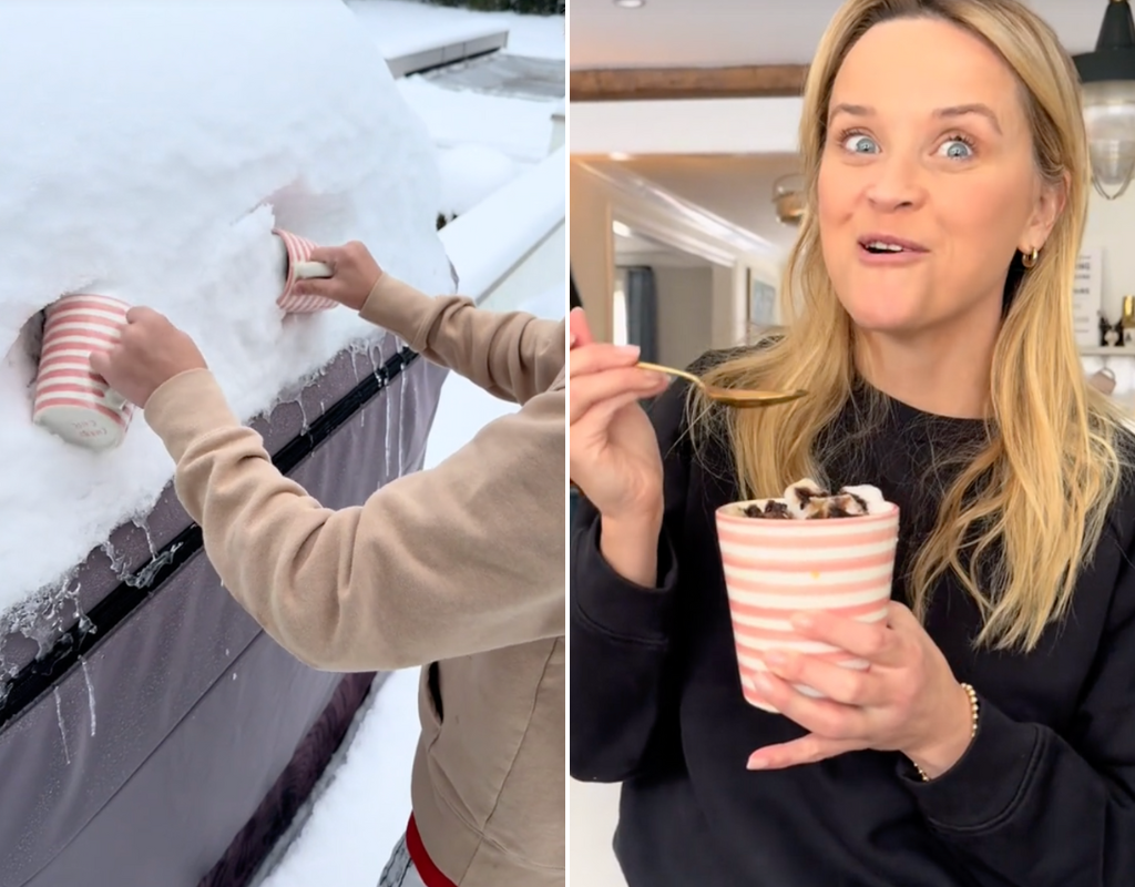Split screen image of snow being scooped into two large mugs and Reese Witherspoon eating a dessert made of the fallen snow.
