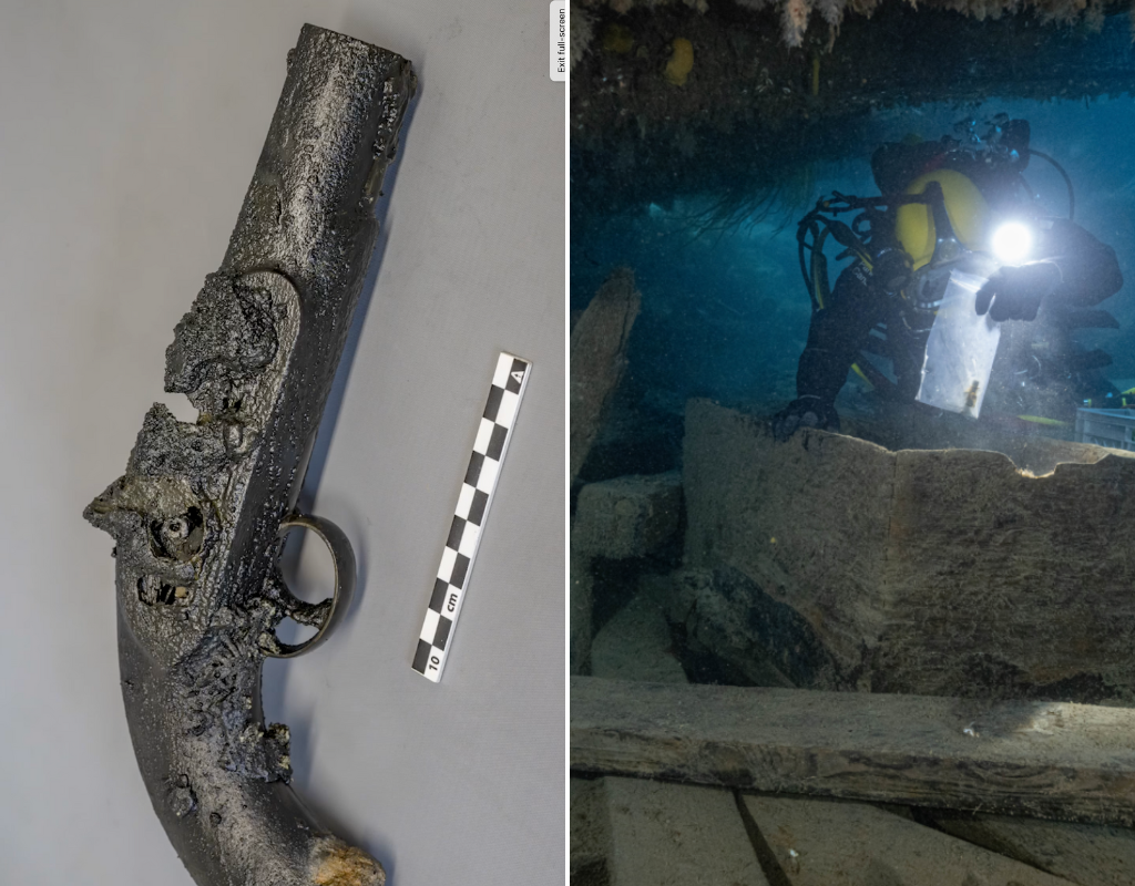 Split screen image of a pistol recovered from the shipwreck of the HMS Erebus (L) and underwater archaeologist Marc-André Bernier carefully excavating a seamen’s chest on board the same ship, one of two vessels that was part of the ill-fated Franklin expedition.