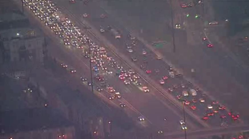 Aerial view of the Gardiner Expressway on Jan 31, 2024.