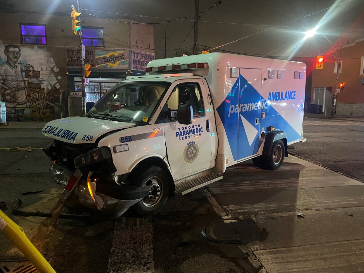 A Toronto ambulance has front-end damage after a crash on Jan. 30, 2024.