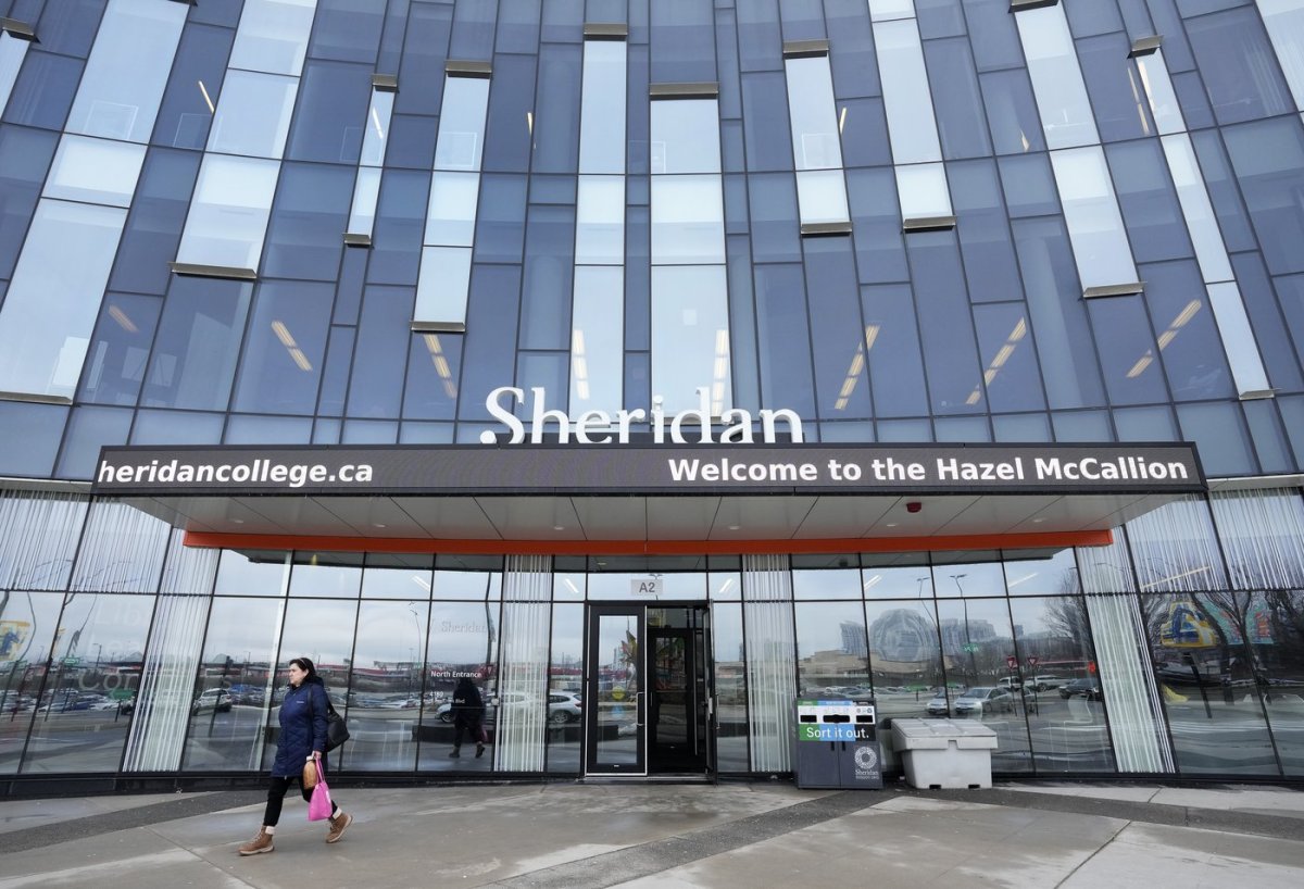 A person leaves Sheridan College's Hazel McCallion Campus in Mississauga, Ont., on Friday, January 26, 2024.