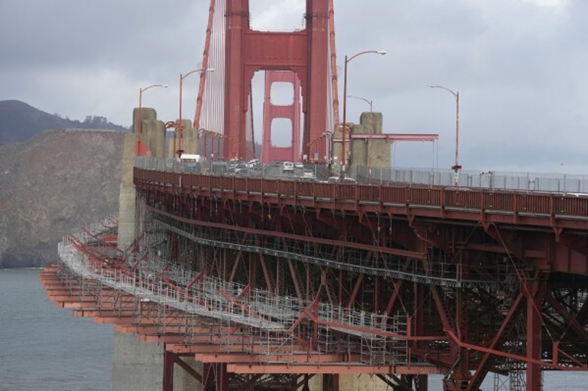 Suicide-prevention netting is seen underneath the Golden Gate Bridge.