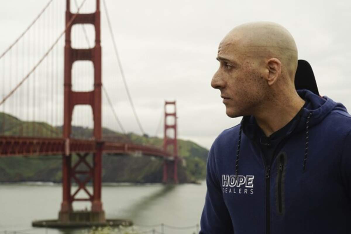 Kevin Hines in front of the Golden Gate Bridge.
