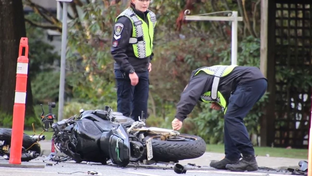 RCMP at the scene of a fatal motorcycle crash in Burnaby on Saturday, Jan. 6 2024.