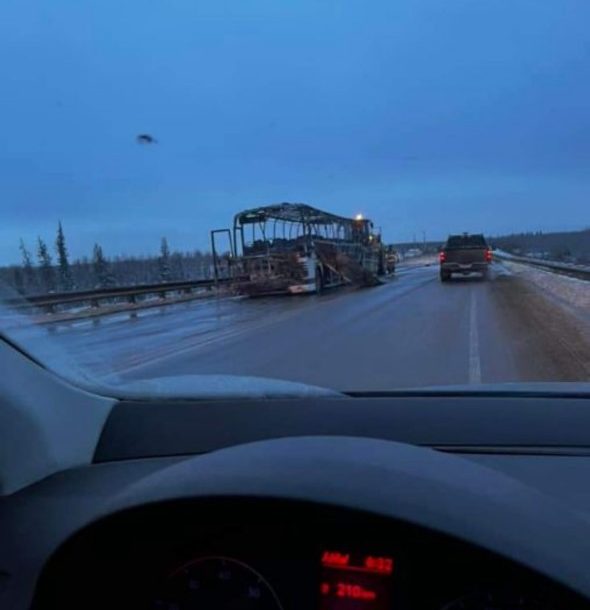 The shell of a burned bus is all the remains after a bus fire along Highway 63 Wednesday morning.