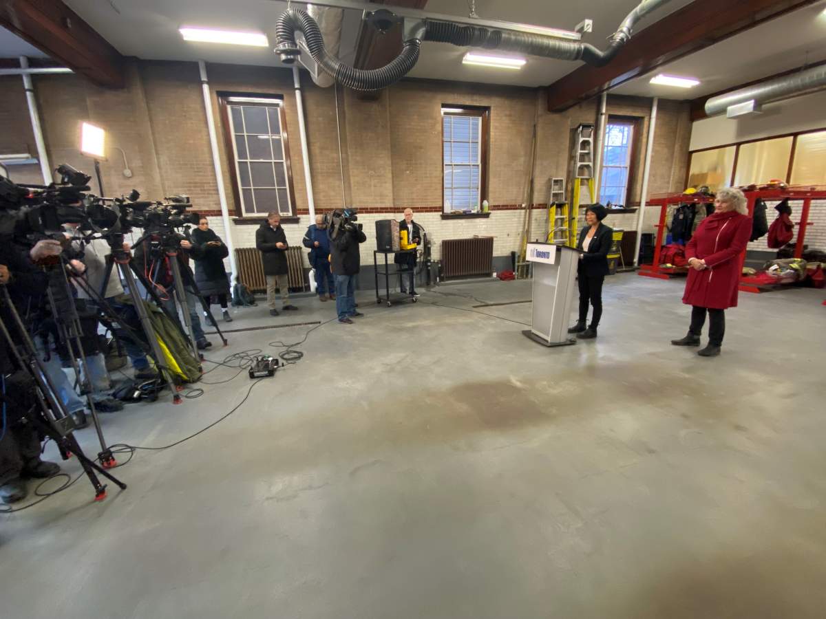 Mayor Olivia Chow speaks about her commitment to maintaining emergency services at a firehall on Gerard Street East.