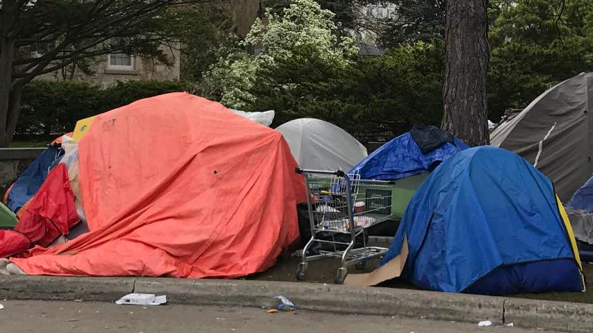Photo of an encampment in Downtown Hamilton, Ont. in Sept. 2023.