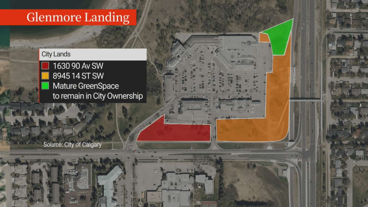 The two parcels of city-owned land that administration is recommending be sold to the owner of Glenmore Landing.