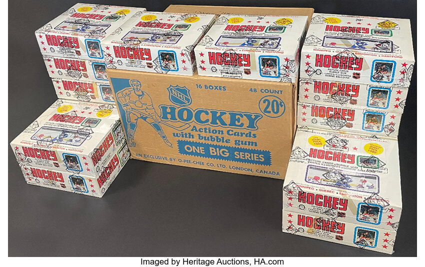 A photo of the pristine boxes of hockey cards.