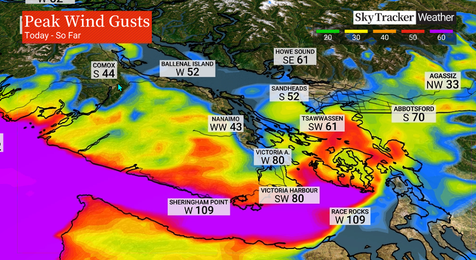 A look at the peak wind gusts Tuesday morning.
