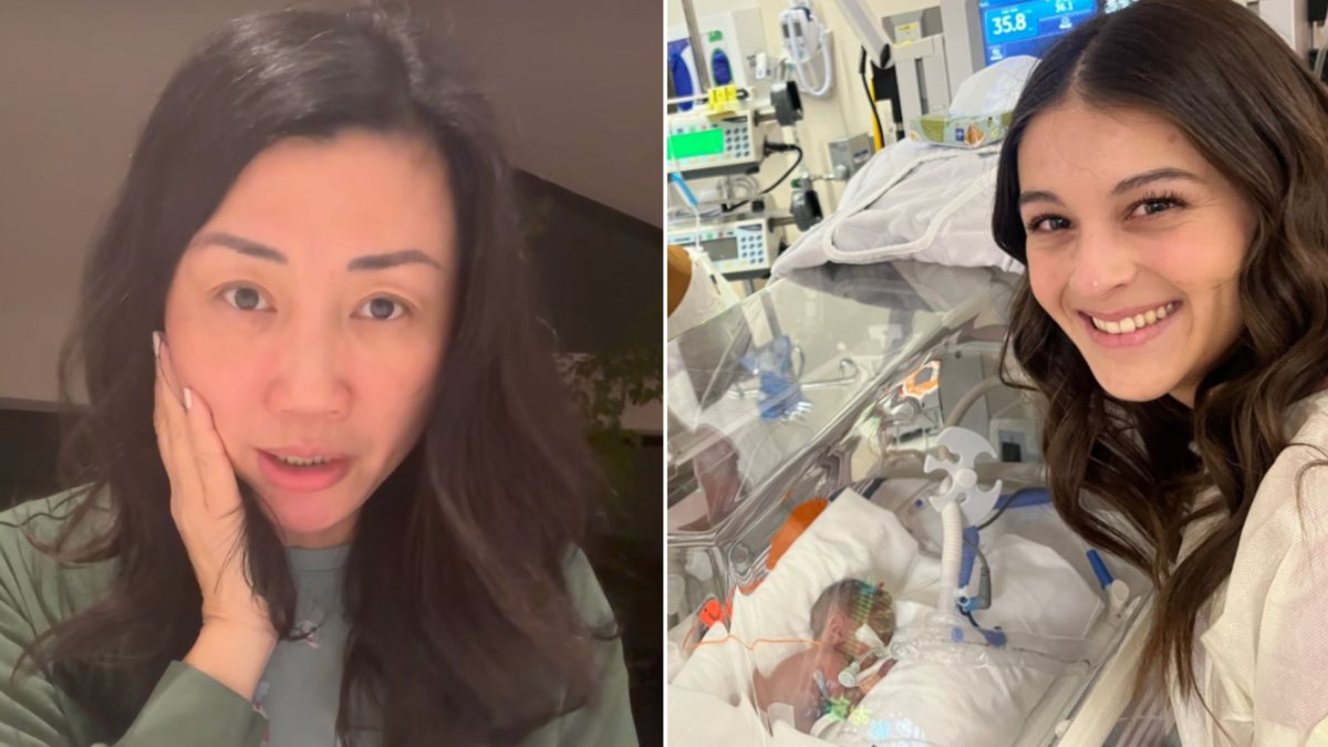 A split image. On the left is Ying Liu. On the right, Marissa smiles next to a small baby in an incubator.