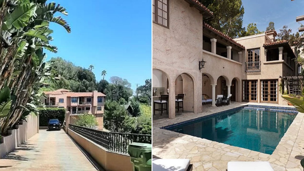 A split image. On the left is the front garage of the home. On the right is the pool.