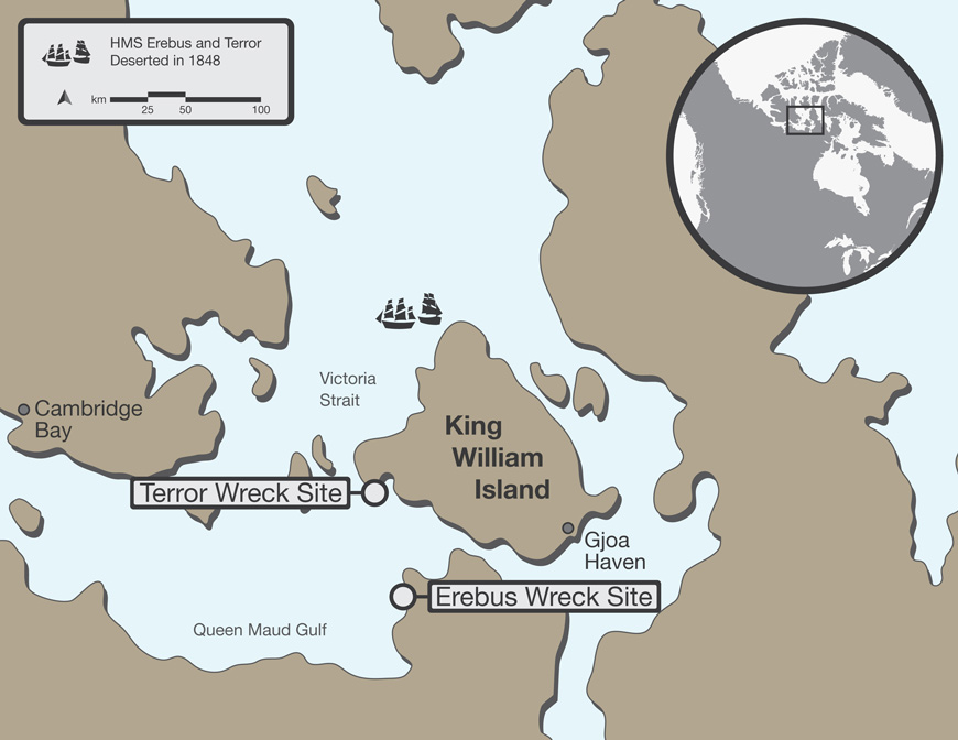 Map of the locations of the HMS Erebus and HMS Terror shipwrecks.