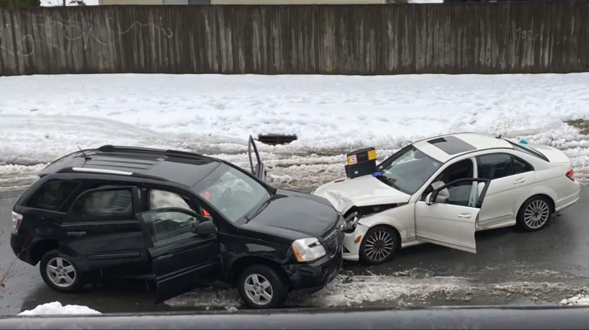 A vehicle collision connected to a fatal shooting is seen on Jan. 20, 2024, in Maple Ridge, B.C.