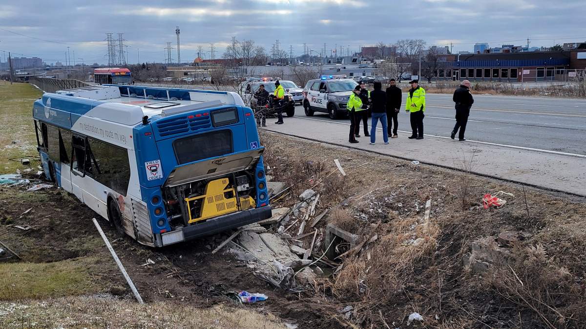 Mississauga transit bus involved in a collision near Highway 27 and Dixon Road in Toronto on Jan 2, 2024.