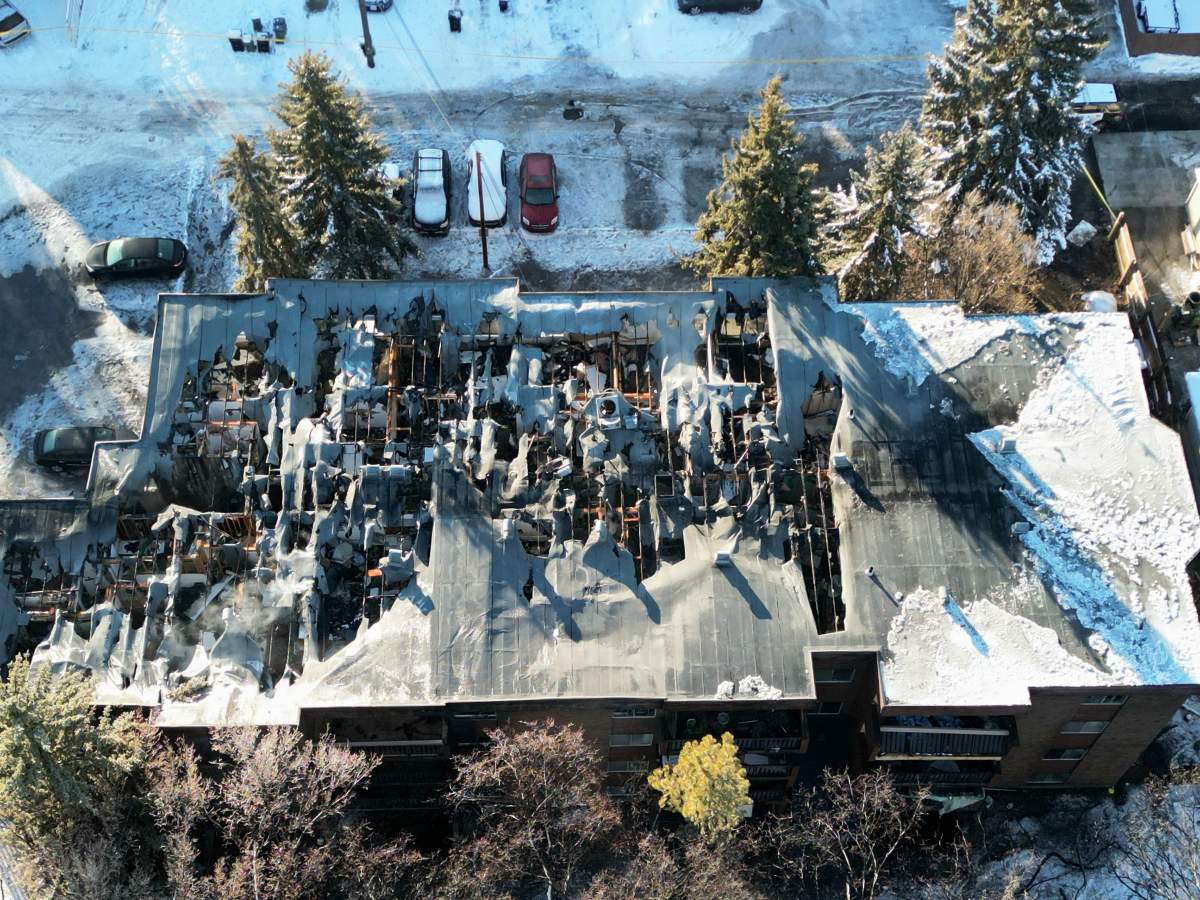 Ariel photos show fire damage to a building near 107 Street and 79 Avenue.