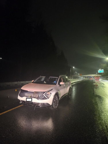 The driver of a white Kia SUV was issued a 90-day roadside prohibition after driving the wrong way on Highway 1 in North Vancouver on Jan. 22, 2024.