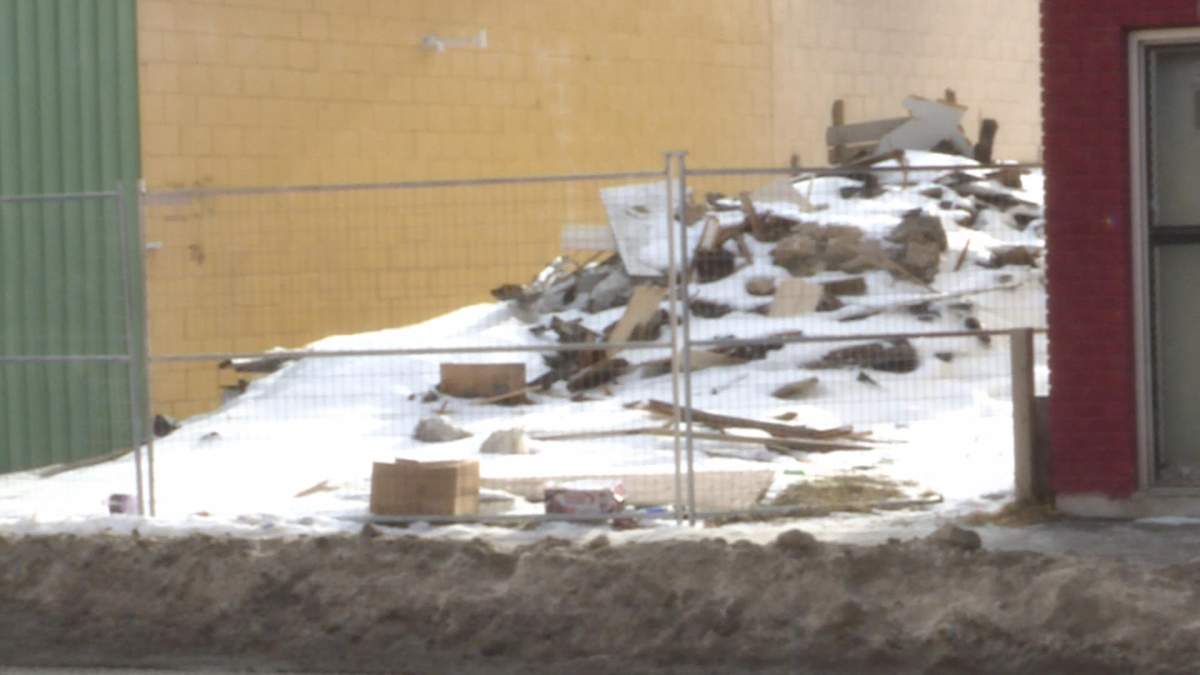 Rubble pile on Sargent Ave in Winnipeg.