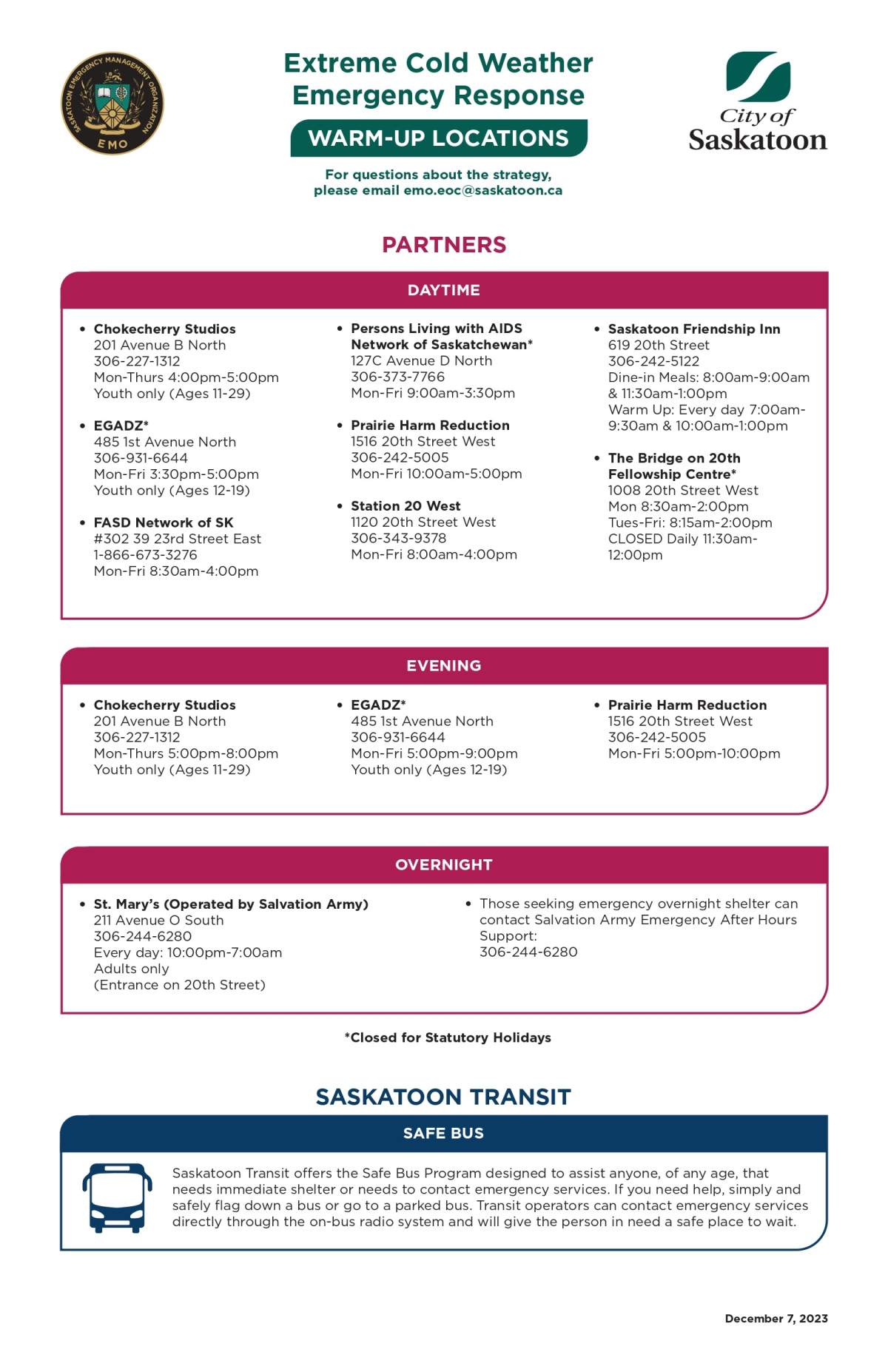Warmup locations across Saskatoon during the Extreme Cold Weather Emergency Response.
