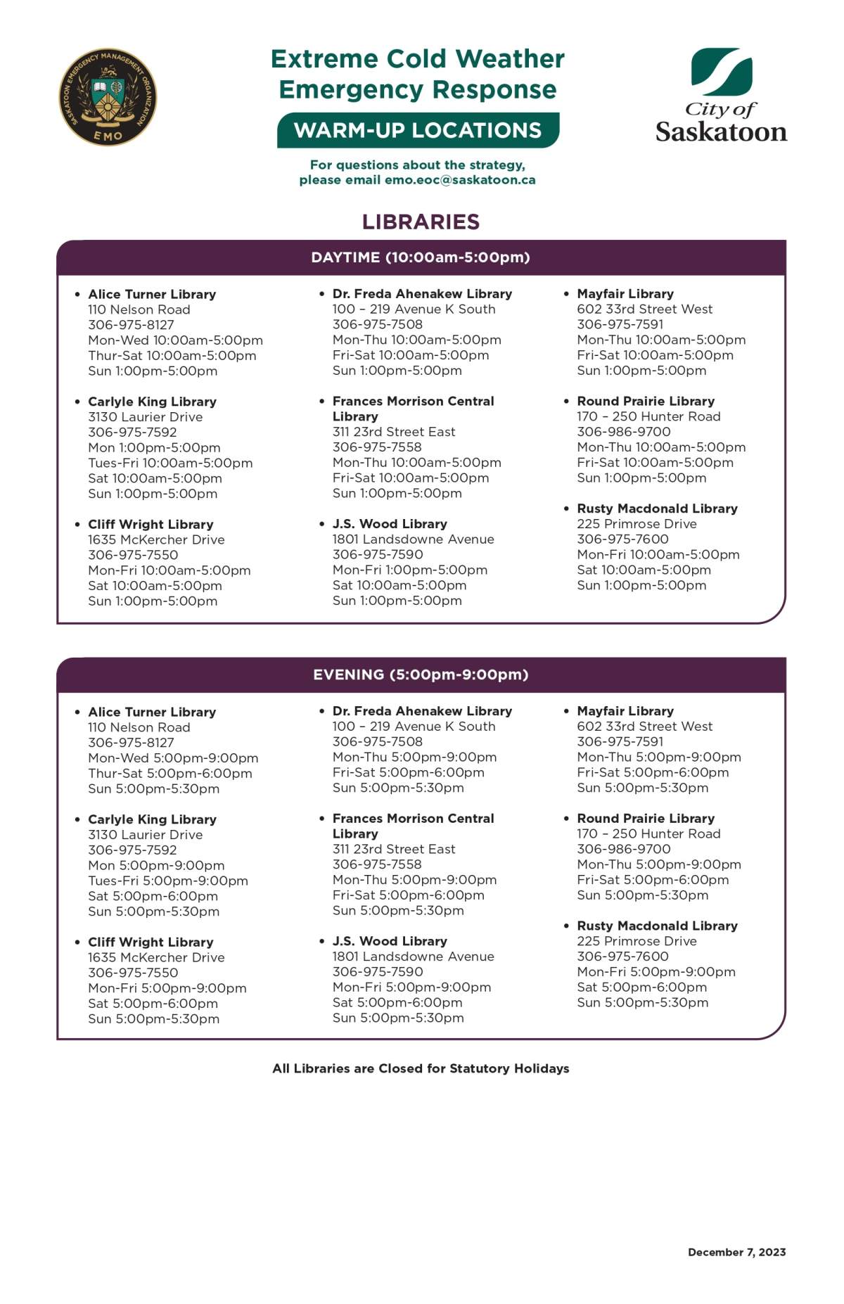 Warmup locations across Saskatoon during the Extreme Cold Weather Emergency Response.
