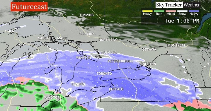 Сняг се насочи към южната част на Онтарио във вторник, в някои райони може да достигне до 10 см