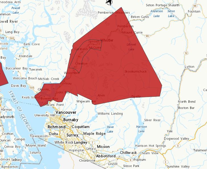 Министерството на транспорта на Британска Колумбия издаде предупреждения за пътуване