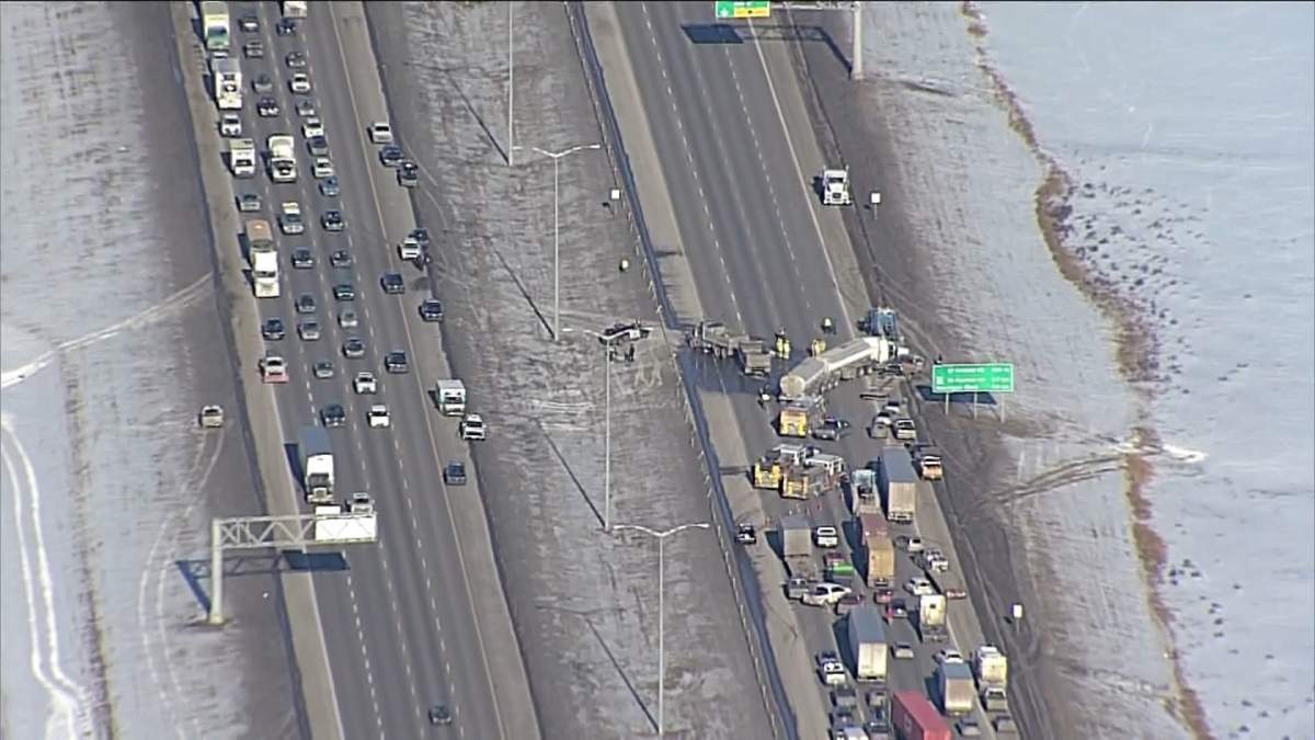 The northbound lanes of Stoney Trail near 17th Avenue Southeast were closed Friday, Jan. 26, 2024 due to a collision involving several vehicles.