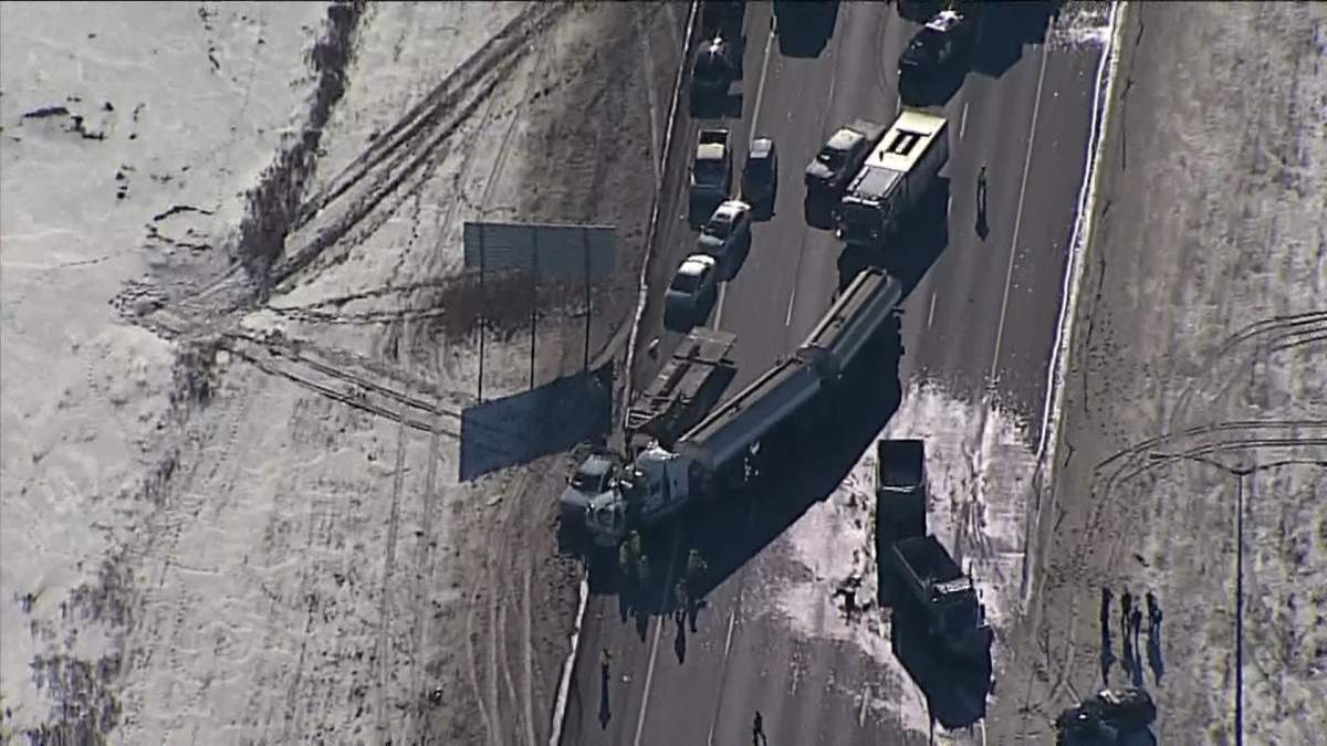 The northbound lanes of Stoney Trail near 17th Avenue Southeast were closed Friday, Jan. 26, 2024 due to a collision involving several vehicles.