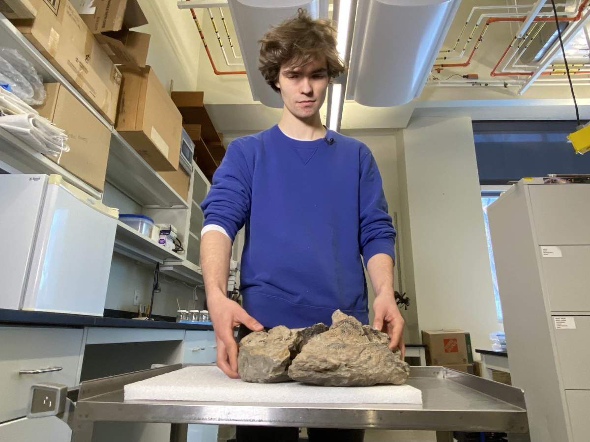 U of A masters student and researcher Luke Nelson examines the fossilized remains of an ancient sturgeon. The fossil was discovered by hikers along the North Saskatchewan riverbank in February 2024.