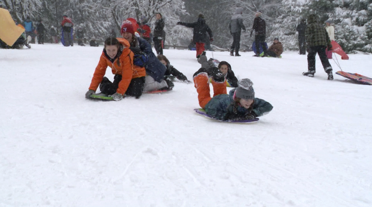 Children toboggan down a hill in B.C. during a snowstorm on Wed. Jan. 17, 2024.