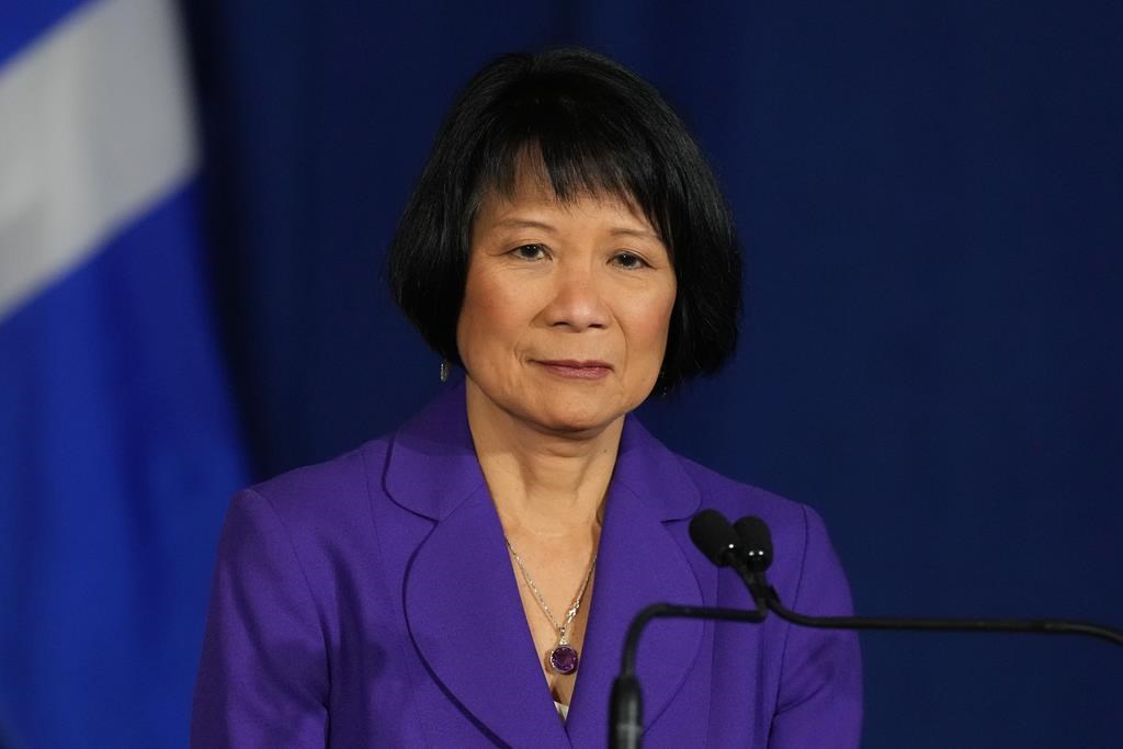 Toronto Mayor Olivia Chow attends a news conference with Ontario Premier Doug Ford, not shown, in Toronto on Monday Nov. 27, 2023.