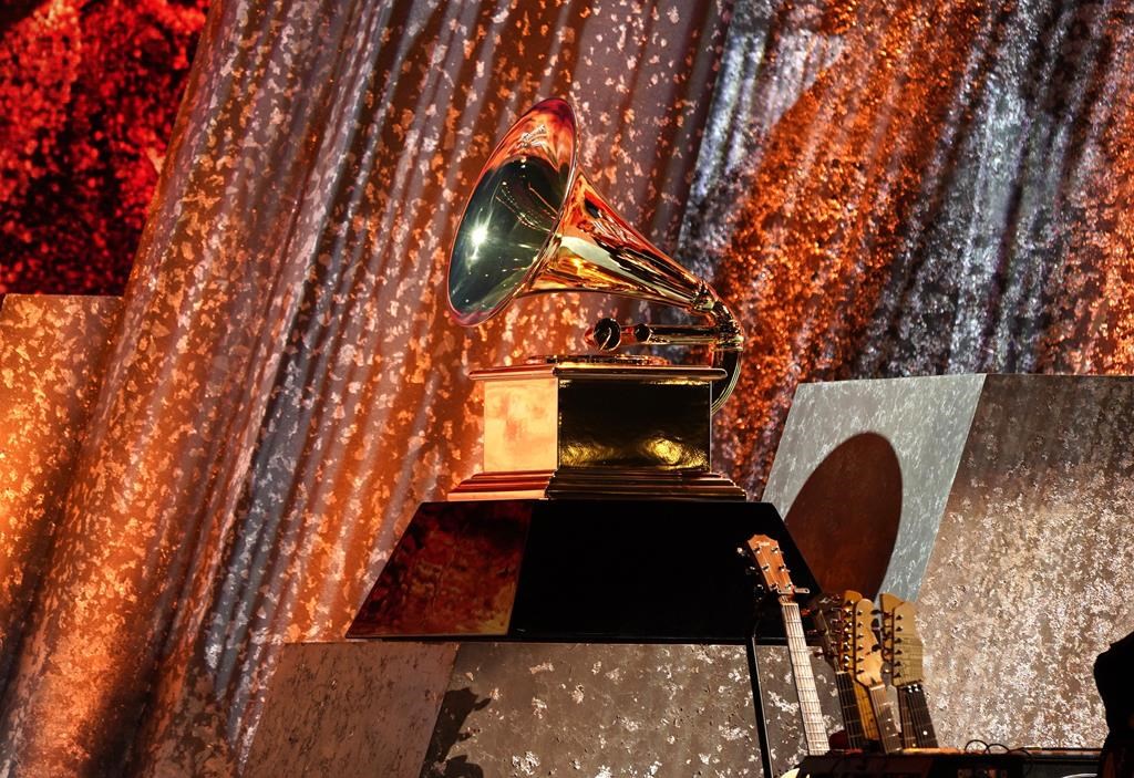 A Grammy award appears on stage at the 65th annual Grammy Awards on Sunday, Feb. 5, 2023, in Los Angeles. Folk singer Allison Russell and rapper Drake head to the Grammy Awards today as two of the leading Canadian contenders. 