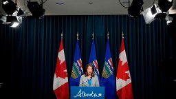 Alberta Premier Danielle Smith answers questions at a news conference in Calgary on Thursday, February 1, 2024. Doctors are criticizing Alberta Premier Danielle Smith for her medically 