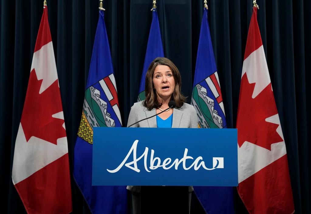 Alberta Premier Danielle Smith answers questions at a news conference in Calgary on Thursday, February 1, 2024.