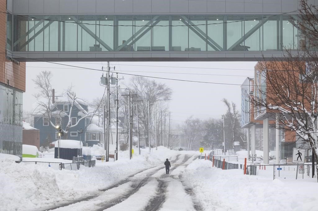 A person walks down a snow-covered street after a winter storm in Sydney, N.S., on Monday, Feb.5, 2024. A family of five are among the survivors after a remarkable rescue from an apartment building that caught fire in Cape Breton during last weekend's paralyzing snowstorm. THE CANADIAN PRESS/Shane Wilkie.