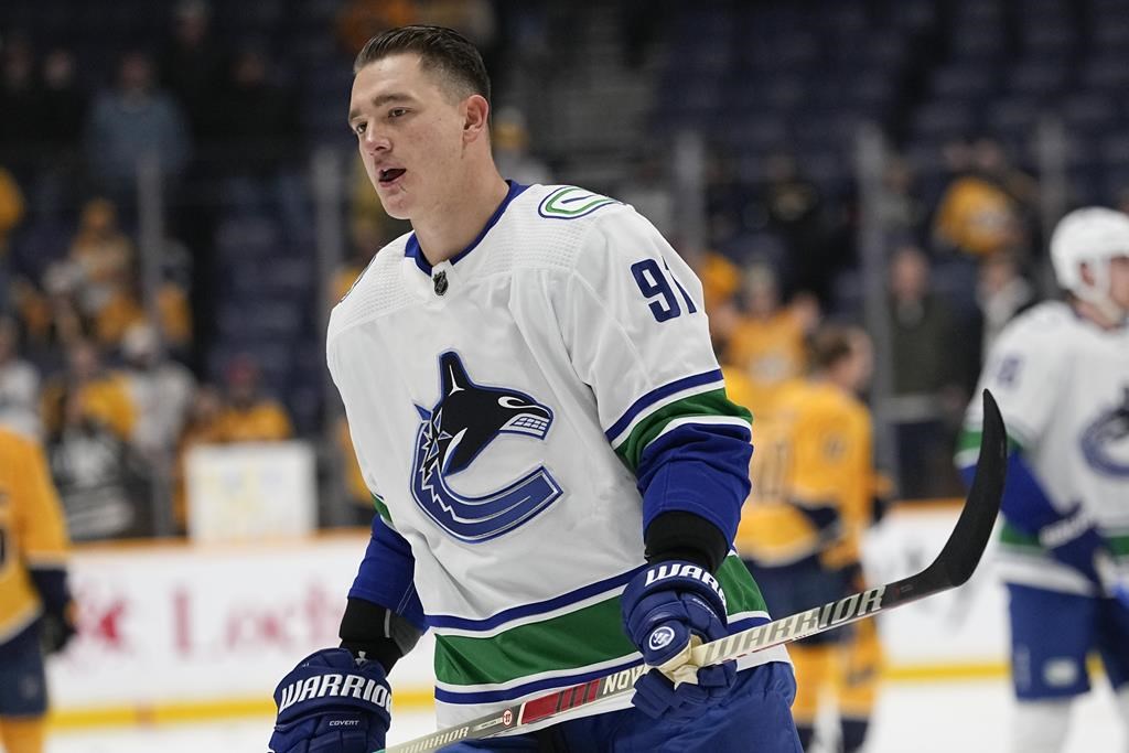 Vancouver Canucks defenceman Nikita Zadorov (91) warms up before the team’s NHL hockey game against the Nashville Predators on Dec. 19, 2023, in Nashville. (AP Photo/George Walker IV)