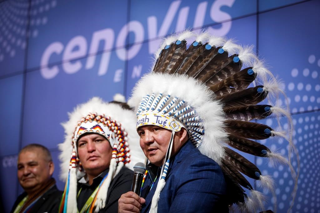 Seven Alberta First Nations have banded together to seek answers as industry and government move on billion-dollar plans to inject and store millions of tonnes of greenhouse gases underneath or adjacent to their traditional lands. Roger Marten, right, Chief of Cold Lake First Nations, and Curtis Monias, centre, Chief of Heart Lake First Nation, speak after Cenovus CEO Alex Pourbaix made an annoucement at a news conference in Calgary, Alta., Thursday, Jan. 30, 2020. THE CANADIAN PRESS/Jeff McIntosh