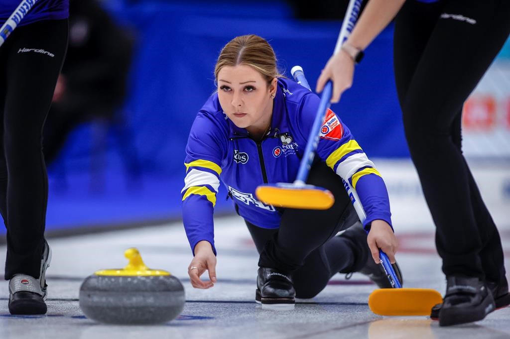 Team Alberta skip Selena Sturmay makes a shot as they play Team Quebec at the Scotties Tournament of Hearts in Calgary, Tuesday, Feb. 20, 2024. Sturmay stayed unbeaten at the Canadian women's curling championship with a fifth straight win.
