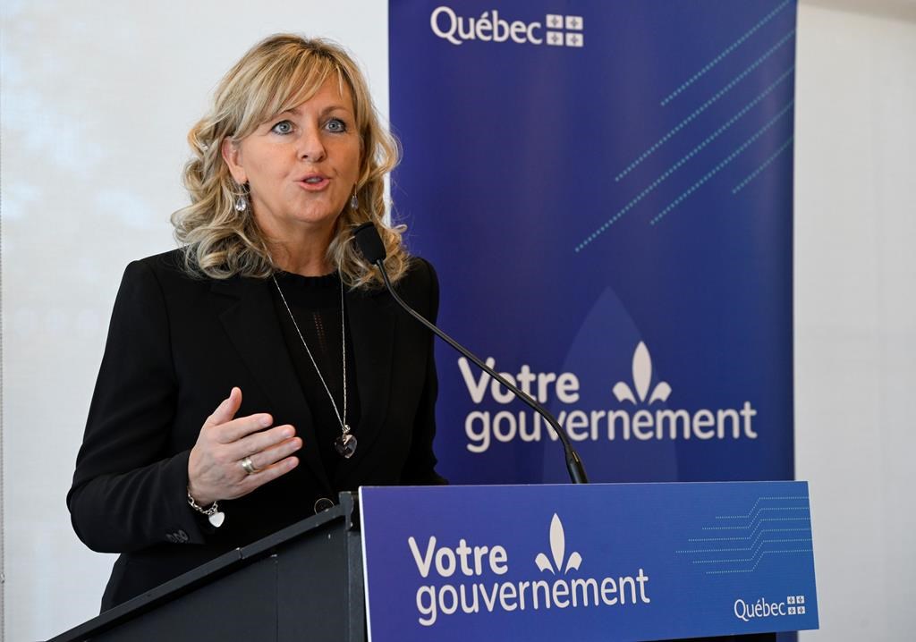 Quebec Municipal Affairs Minister Andree Laforest announces an environment program for municipalities, Thursday, Feb. 8, 2024, in Scott, Quebec. Quebec is investing $2 million to connect elected officials and their families with psychological aid resources after a wave of resignations and leaves of absence among mayors in the province. THE CANADIAN PRESS/Jacques Boissinot.