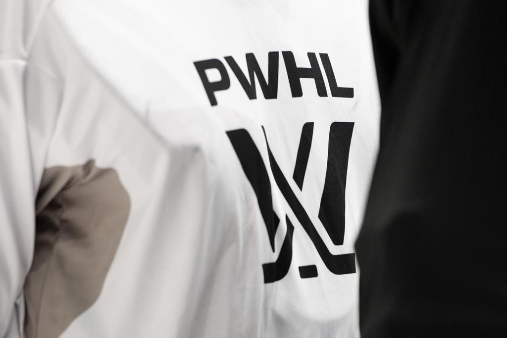 A PWHL logo is seen on a player's jersey during Professional Women's Hockey League (PWHL) training camp at TD Place in Ottawa on Friday, Nov. 17, 2023. 