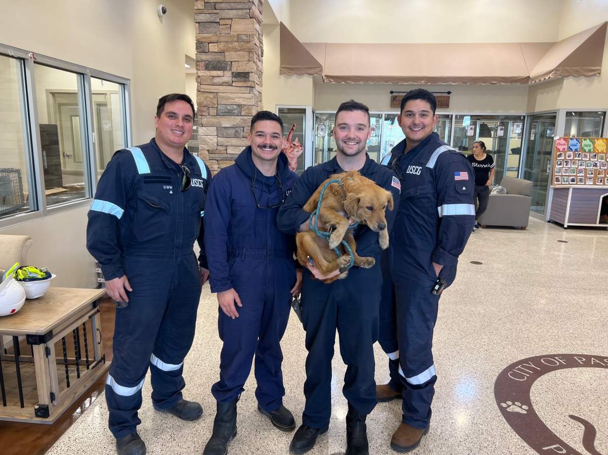 Coast Guard officers Bryan Wainscott, Lucas Loe, Ryan McMahon and Jose Reyes brought Connie the Container Dog to the nearby Pasadena Animal Shelter.