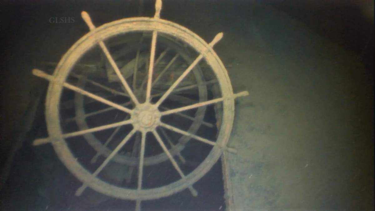 Photo of the SS Arlington's steering wheel.