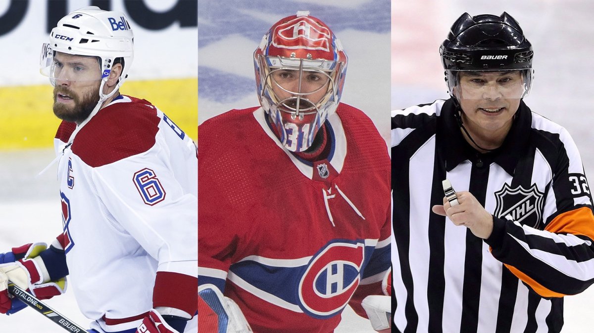 A collage showing former NHL players Shea Weber and Carey Price plus former NHL referee Tom Kowal.