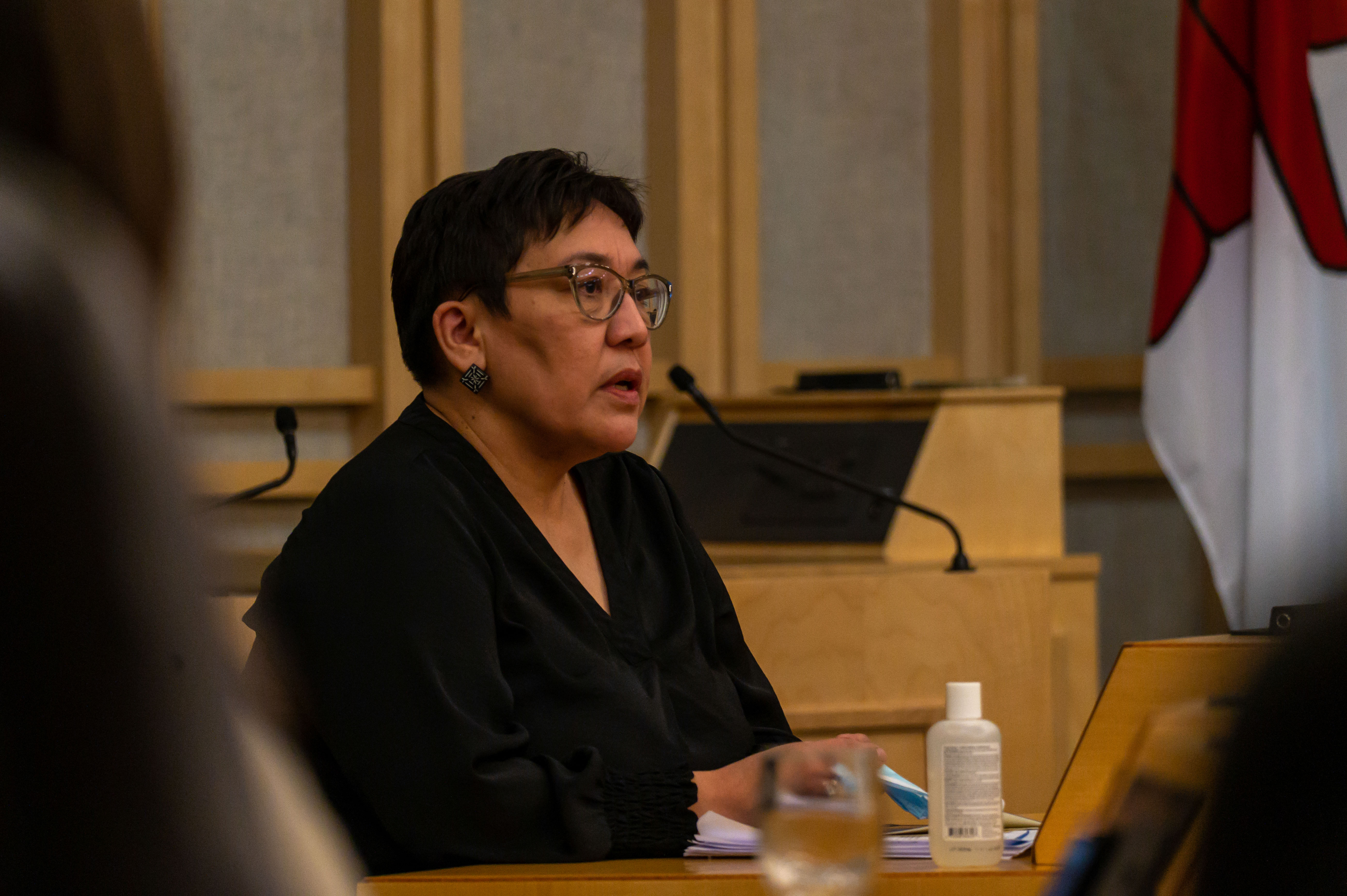 Nunavut Minister of Family Services, Margaret Nakashuk, addresses the media during a press conference in Iqaluit, Thursday, Feb. 3, 2022.