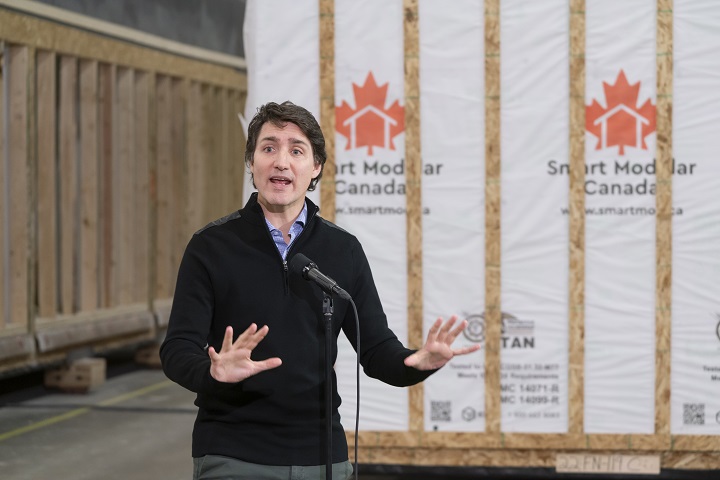 Prime Minister Justin Trudeau announces 20.7 million dollars in federal funds for new homes to be built at Smart Modular Canada in Thunder Bay, Ont., Thursday, Feb. 29, 2024. 