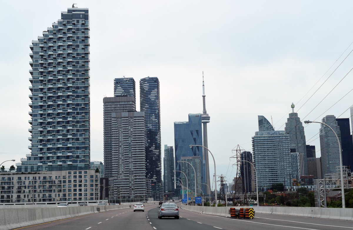 Traffic on Gardiner Expressway is pictured heading east towards the downtown core in Toronto, Ontario on July 8, 2023. 